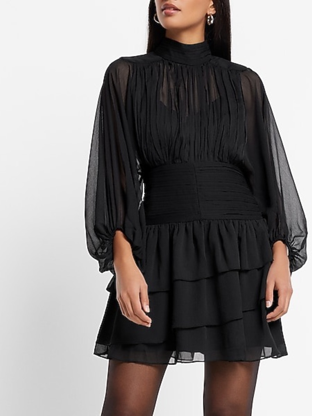 Black Mock Neck Long Sleeve Pleated Waist Tiered Ruffle Mini Dress - 12